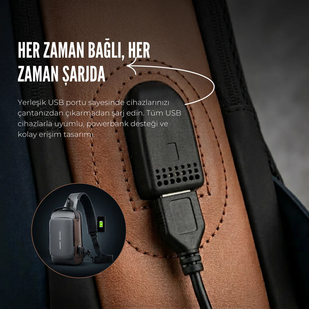 Gezgin Çanta | USB Şarj Kablolu Şifreli Omuz Çantası